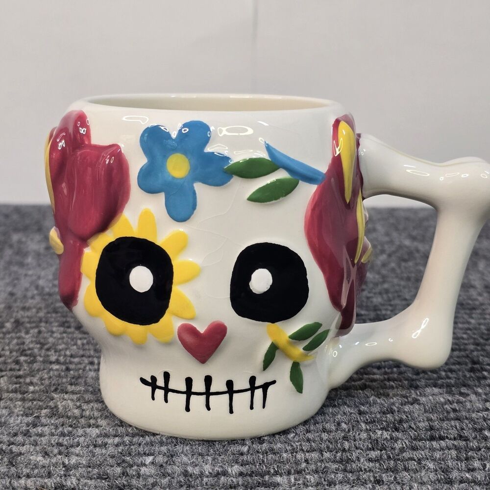 Tag Mug Sugar Skull Day Of The Dead Floral  Halloween Coffee Cup Decor Crazing